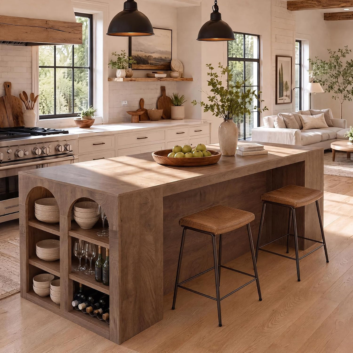 Tribesigns 78.7" Large Kitchen Island Table with Storage & Seating Space | Farmhouse Island Table with Arched Open Shelves, Modern Stationary Island Storage Table for Kitchen Dining Room, Brown
