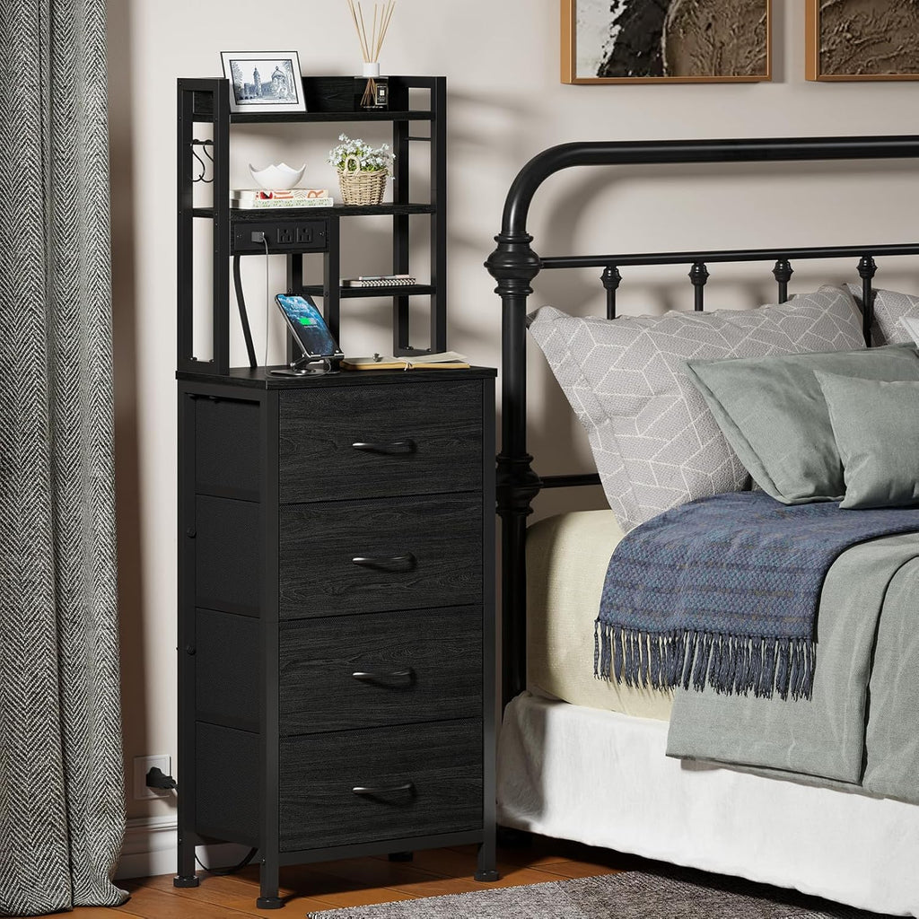 Furnulem Tall Nightstand, LED Night Stand with Charging Station | USB Ports, 4 Fabric Drawers and 4 Tier Storage Shelf, Nightstands Bedside Tables for Bedroom, Dorm, Office (Black Oak)