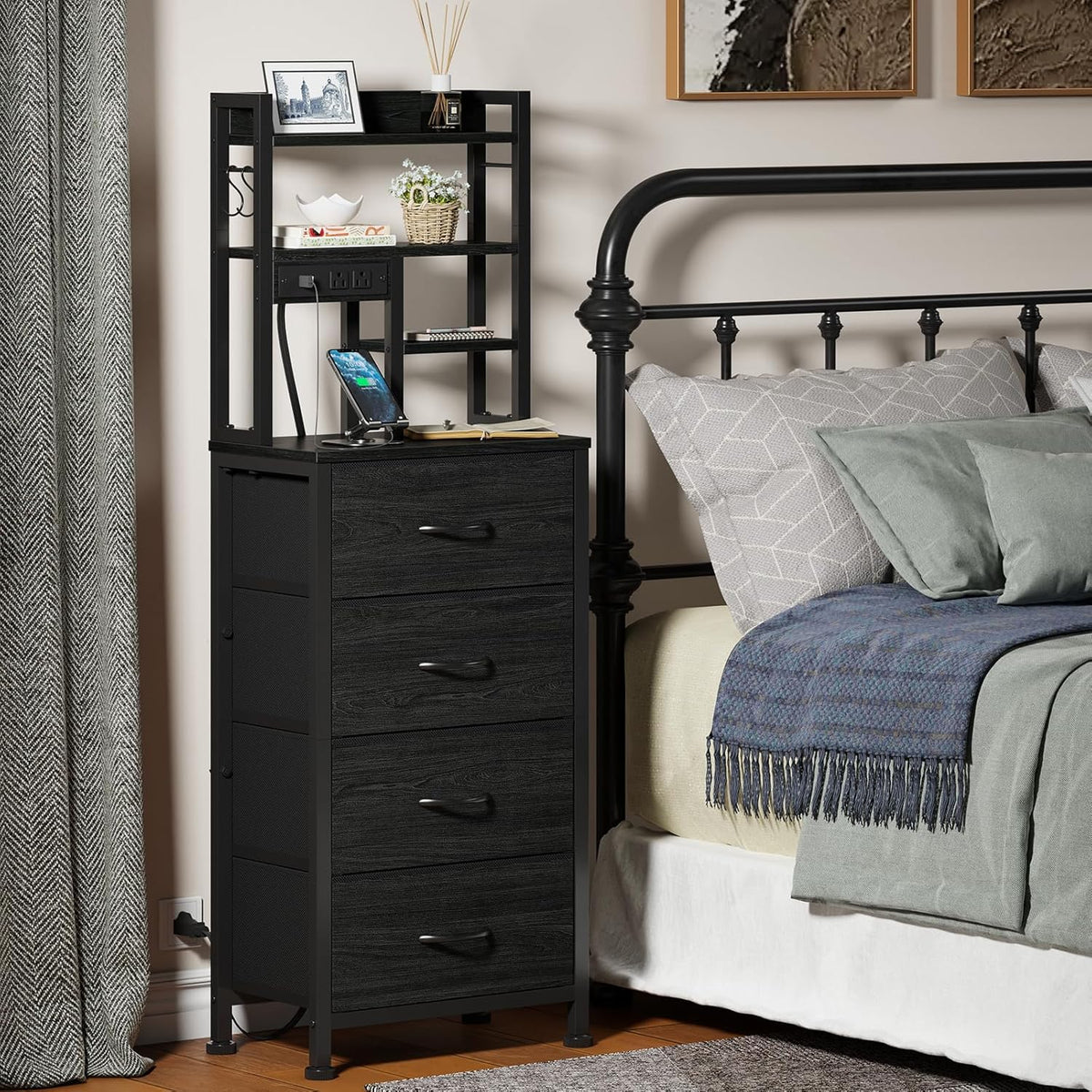 Furnulem Tall Nightstand, LED Night Stand with Charging Station | USB Ports, 4 Fabric Drawers and 4 Tier Storage Shelf, Nightstands Bedside Tables for Bedroom, Dorm, Office (Black Oak)
