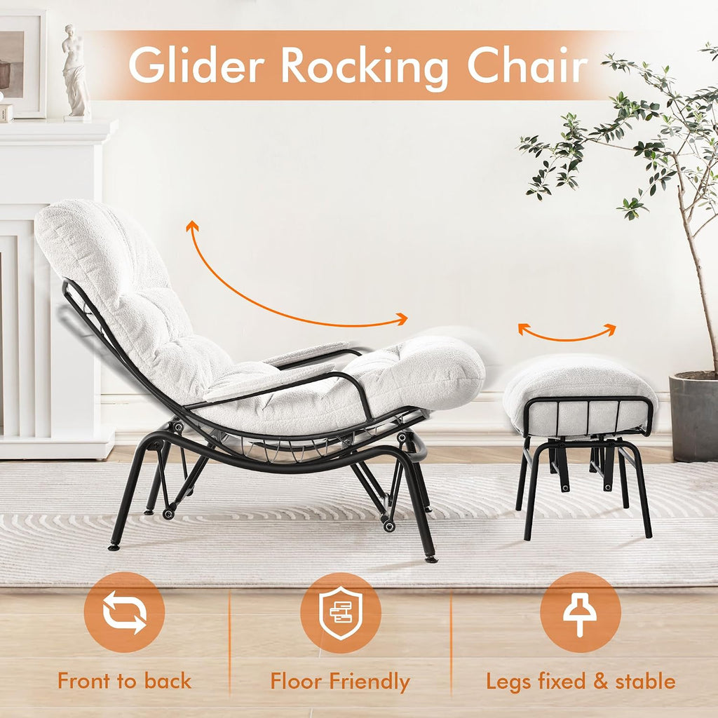 HOOOWOOO Cozy Rocking Chair,Chaise Lounge Chair Indoor,Accent Chair with Ottoman for Bedroom,Living Room,Office(Cloud Velvet White)