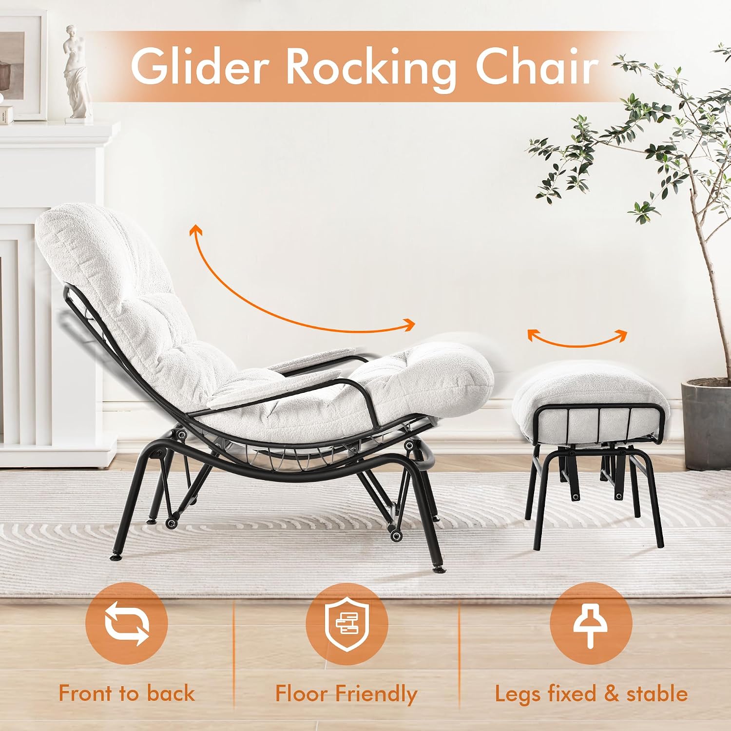 HOOOWOOO Cozy Rocking Chair,Chaise Lounge Chair Indoor,Accent Chair with Ottoman for Bedroom,Living Room,Office(Cloud Velvet White)