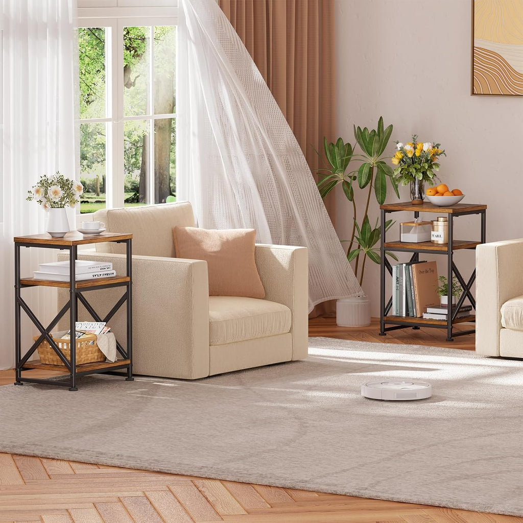 Simple Trending Side Table, End Table with 3 Tiers Open Shelves, Bedside Table for Sofa Couch, Nightstand, Living Room, Bedroom, Rustic Brown