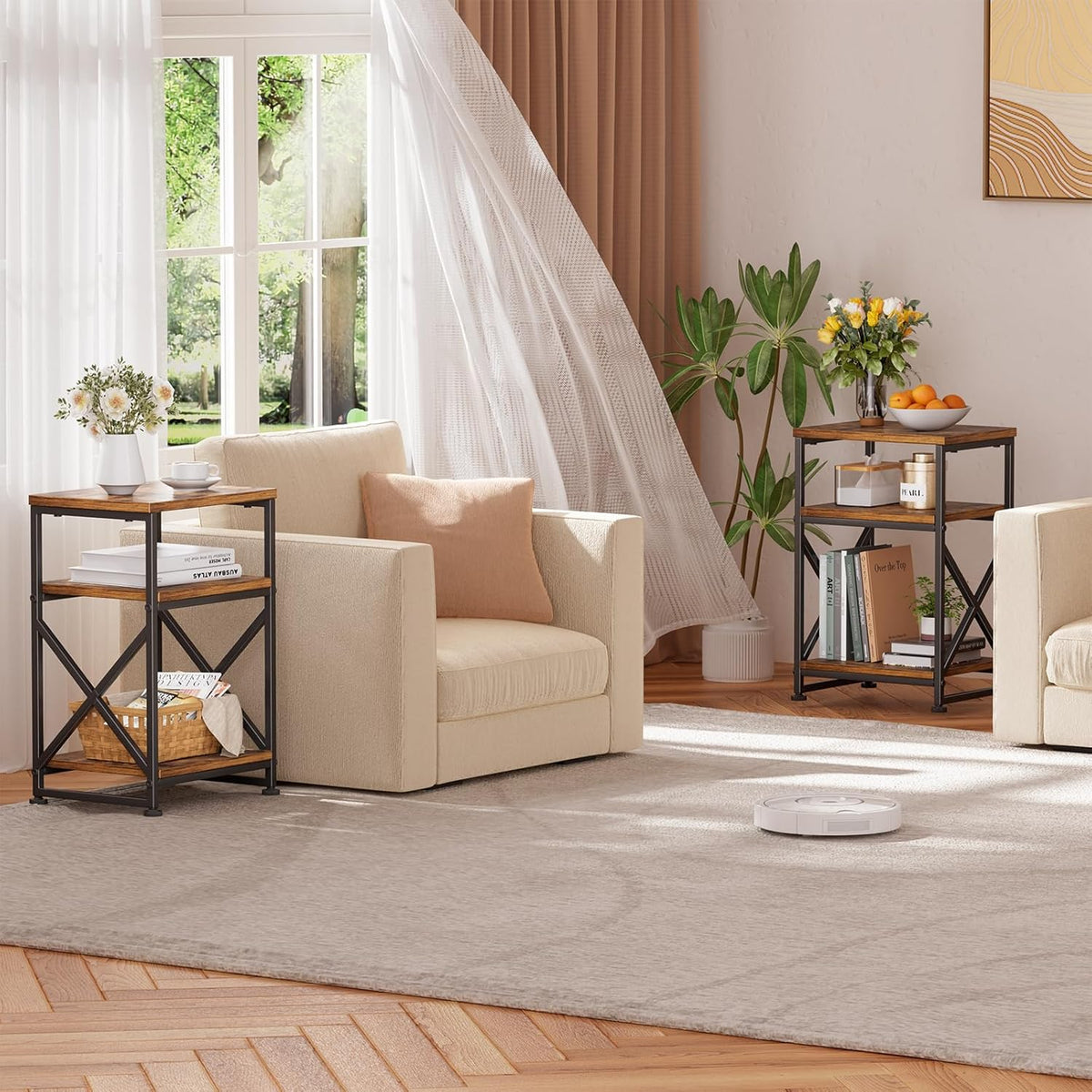 Simple Trending Side Table, End Table with 3 Tiers Open Shelves, Bedside Table for Sofa Couch, Nightstand, Living Room, Bedroom, Rustic Brown