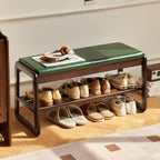 Shoe Rack Bench,2 Tier Wooden Entryway Bench,Solid Wood Shoe Bench with Cushion for Living Room Hallway Bedroom(Green, 39.4''L)