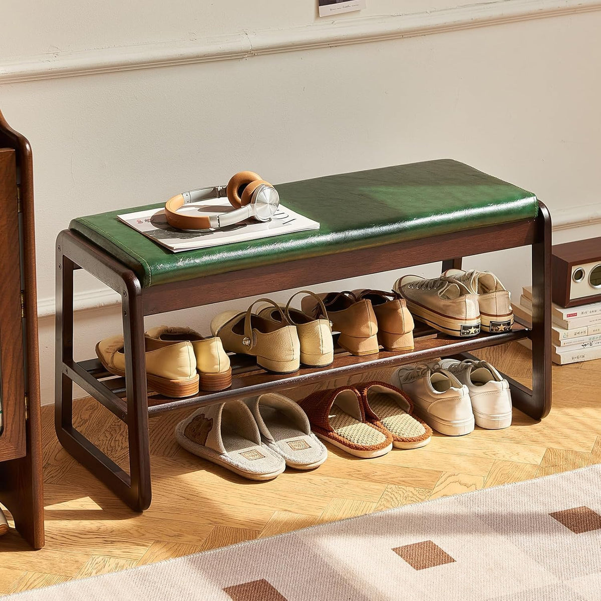 Shoe Rack Bench,2 Tier Wooden Entryway Bench,Solid Wood Shoe Bench with Cushion for Living Room Hallway Bedroom(Green, 39.4''L)