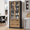 71" Tall Kitchen Pantry Cabinet - Modern Display Storage Cabinet with 2 Large Drawers, Glass Doors, and Adjustable Shelves, Kitchen Cupboard for Dining Room, Bathroom, Living Room, Black + Brown