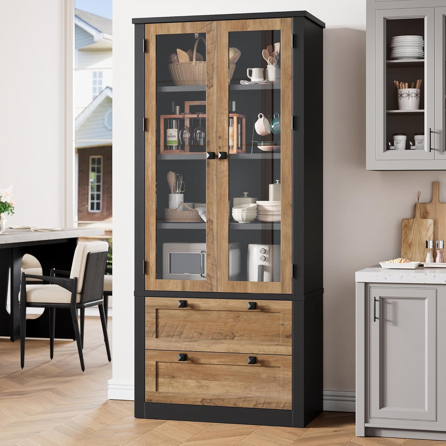 71" Tall Kitchen Pantry Cabinet - Modern Display Storage Cabinet with 2 Large Drawers, Glass Doors, and Adjustable Shelves, Kitchen Cupboard for Dining Room, Bathroom, Living Room, Black + Brown