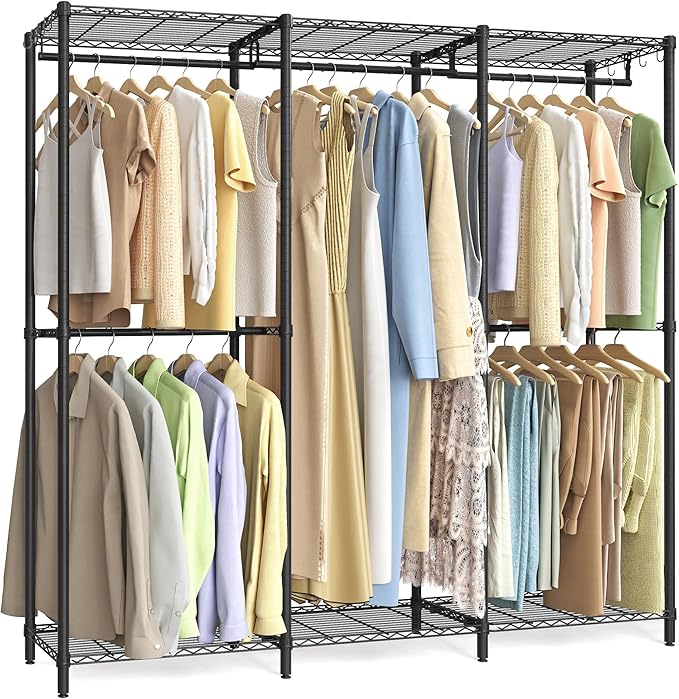 SONGMICS Clothing Rack, Heavy-Duty Garment Rack with Adjustable Storage Shelves and Hanging Rails, Hooks, Freestanding Portable Wardrobe Closet Rack, Ink Black ULGR436B01