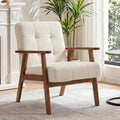 Furniliving Mid Century Modern Accent Chair, Wood Frame Upholstered Arm Chair with Waist Support, Button Tufted High Back Reading Armchair, Waiting Room Chairs for Bedroom Sunroom, Sherpa, White