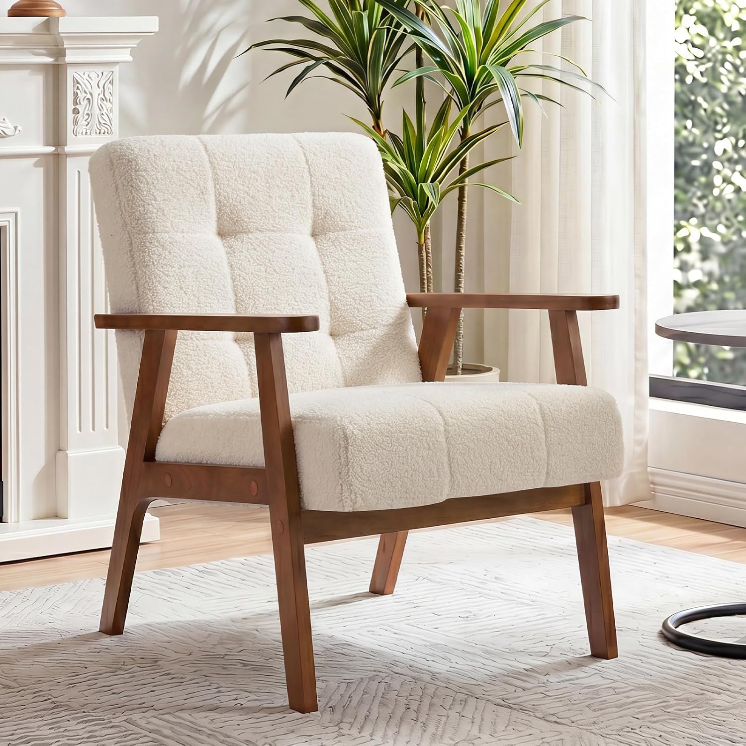 Furniliving Mid Century Modern Accent Chair, Wood Frame Upholstered Arm Chair with Waist Support, Button Tufted High Back Reading Armchair, Waiting Room Chairs for Bedroom Sunroom, Sherpa, White