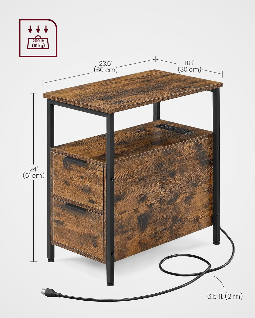VASAGLE Side End Table with Charging Station, Slim Nightstand with 2 Drawers, Narrow Bedside Table for Living Room, Small Spaces, Rustic Brown and Ink Black ULET321B01V1S