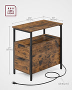 VASAGLE Side End Table with Charging Station, Slim Nightstand with 2 Drawers, Narrow Bedside Table for Living Room, Small Spaces, Rustic Brown and Ink Black ULET321B01V1S