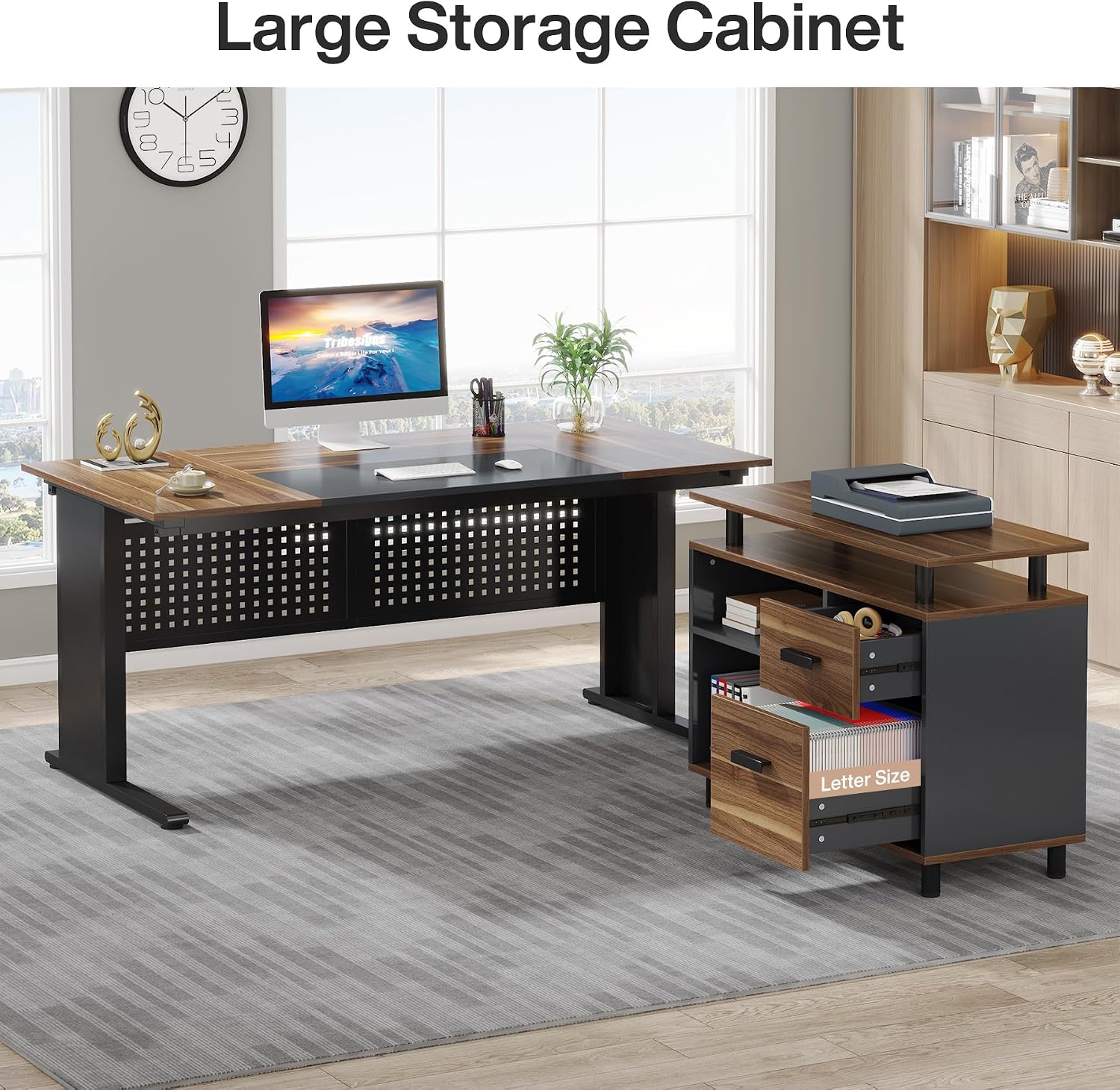 Tribesigns 63 Inch Executive Desk with Filing Cabinet, L Shaped Office Desk | Large Office Desk with File Drawer, L Shaped Desk with Storage, Computer Desk for Home Office, Easy Assembly, Brown and Black