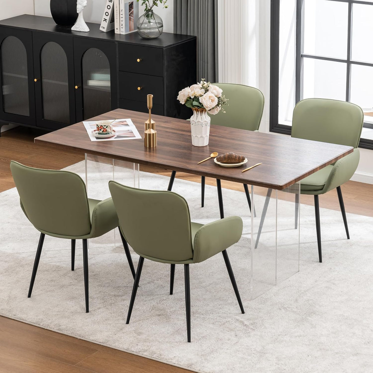 VKNOW Modern Faux Leather Dining Chairs Set of 4 with Armrest, Green | Armed Dining Room Chairs with Metal Legs, Kitchen Chairs for Restaurant Kitchen Living Room