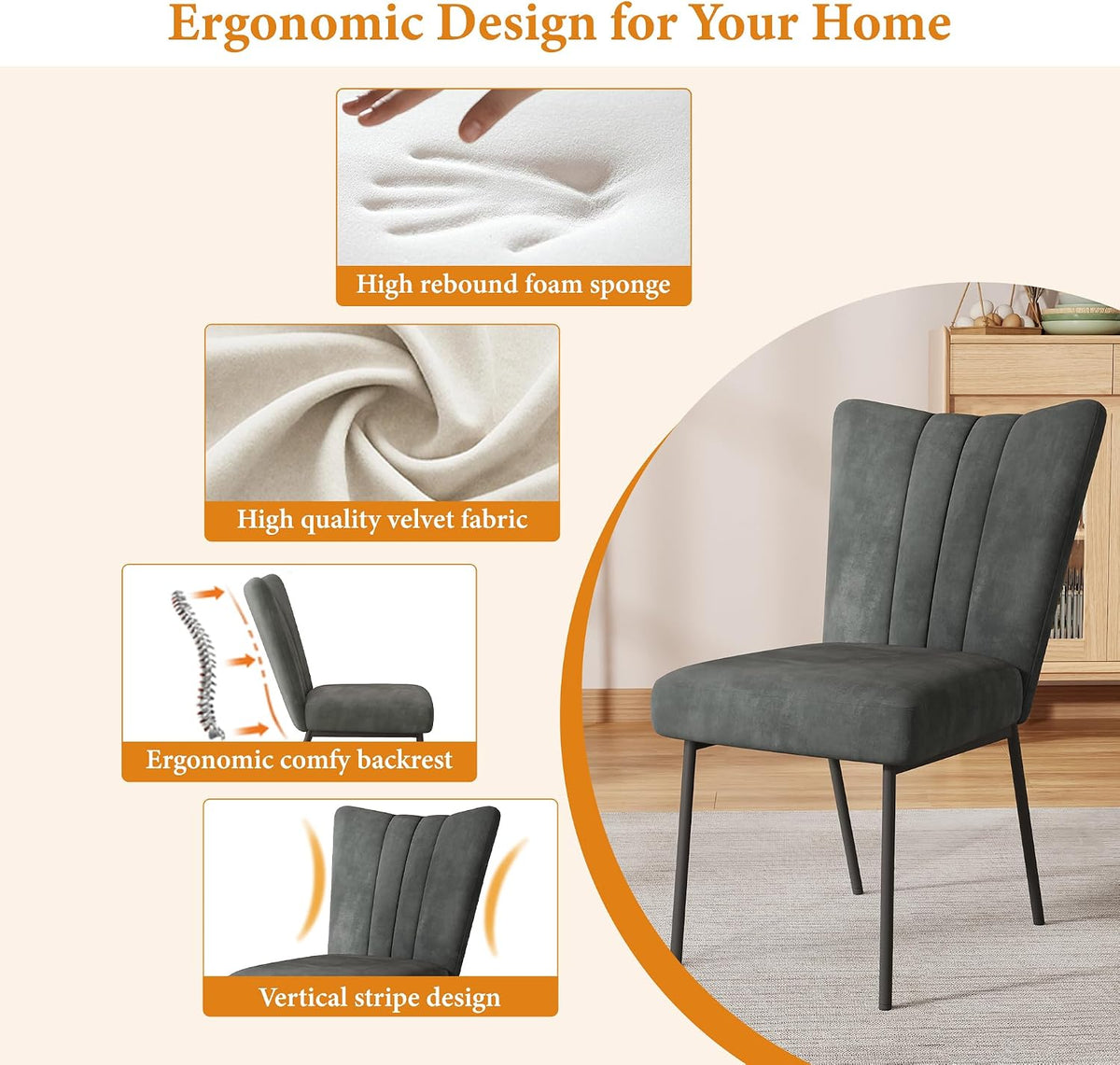 ZckyCine Dining Chairs Set of 4, Upholstered Velvet Kitchen Chairs with Thick Padded Seat and Sturdy Metal Legs, Modern Farmhouse Accent Chairs for Dining Room, Living Room（Just 4 Chairs）