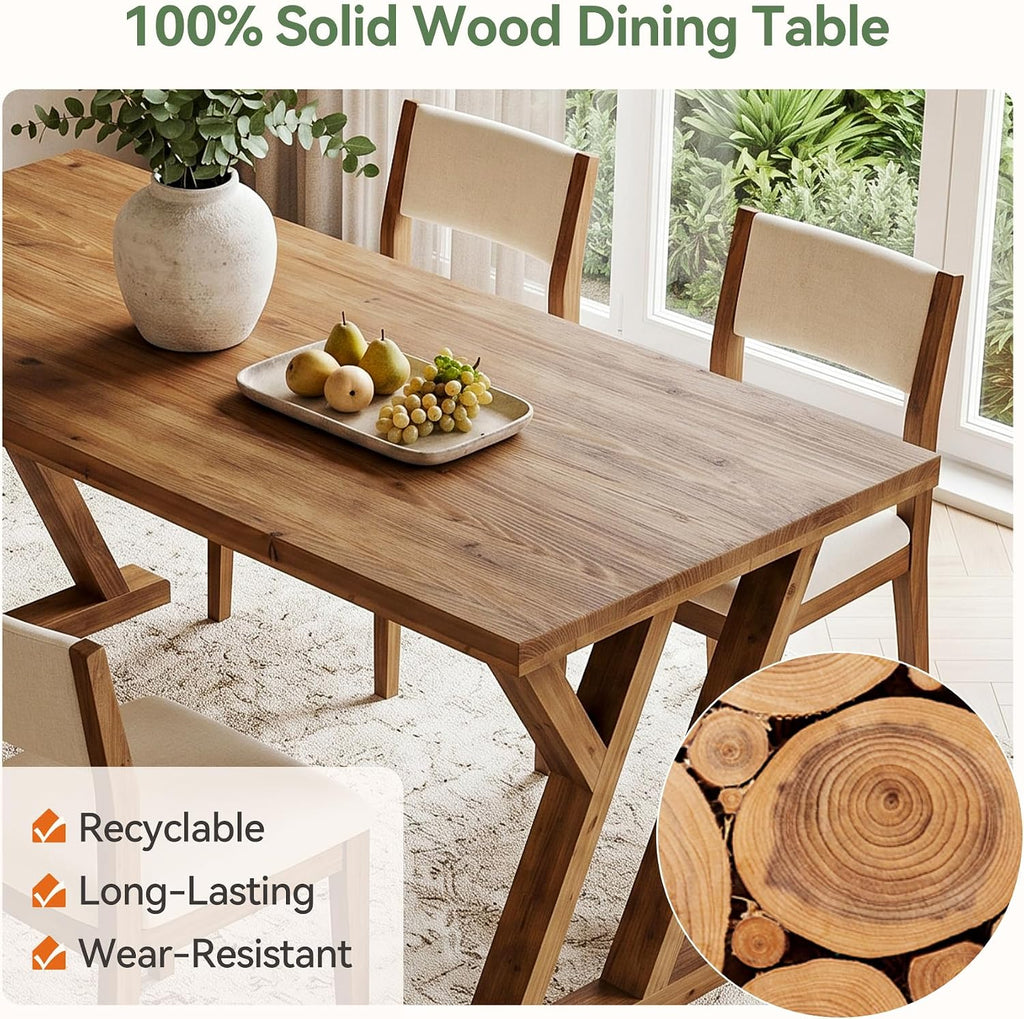 63" Farmhouse Solid Wood Dining Table for 4-6, Wooden Rectangular Rustic Kitchen Dinner Table with Heavy-Duty Legs for Living Room, Dining Room, Brown