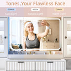 55" Vanity Desk with Mirror & Lights, Fluted Makeup Vanity with 8 Drawers & 4 Cabinets, Tempered Glass Top, RGB Cabinet Lighting, 3-Color Dimmable Mirror, and Charging Station