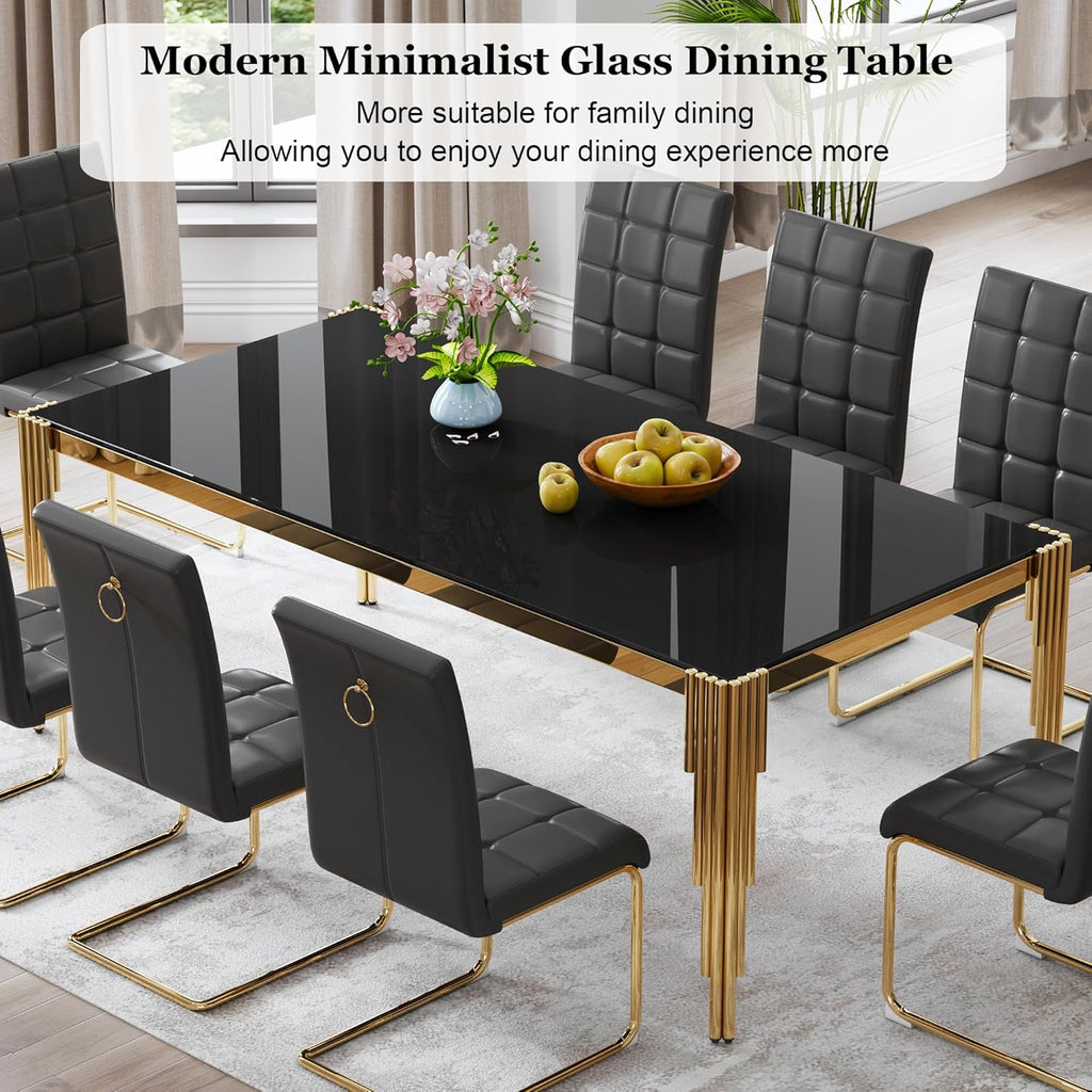80" Large Glass Dining Table, Modern Rectangle Kitchen Table with Gold Stainless Steel Tubular Legs and Tempered Glass Top for Dining Room, Kithchen(Black)