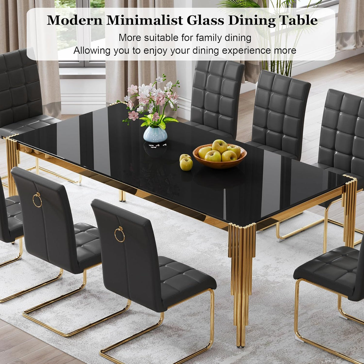80" Large Glass Dining Table, Modern Rectangle Kitchen Table with Gold Stainless Steel Tubular Legs and Tempered Glass Top for Dining Room, Kithchen(Black)