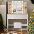 Haewon Makeup Vanity Desk with Lighted Mirror and Chair Set, White | 10 LED Light Bulbs, 3 Lighting Modes, Built-in Power Outlet, Storage Drawers and Shelves, for Bedroom