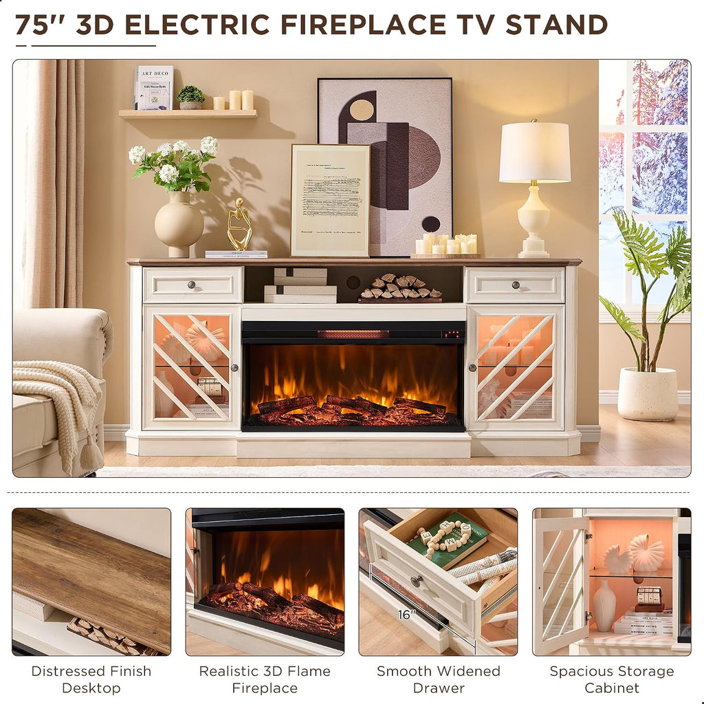 OKD 75 Inch 3-Sided Electric Fireplace TV Stand for TVs up to 85'',Modern Highboy Entertainment Center with 36" Fireplace & LED Lights,Widen Drawers and Glass Door Storage Cabinet, Antique White
