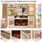 OKD 75 Inch 3-Sided Electric Fireplace TV Stand for TVs up to 85'',Modern Highboy Entertainment Center with 36" Fireplace & LED Lights,Widen Drawers and Glass Door Storage Cabinet, Antique White