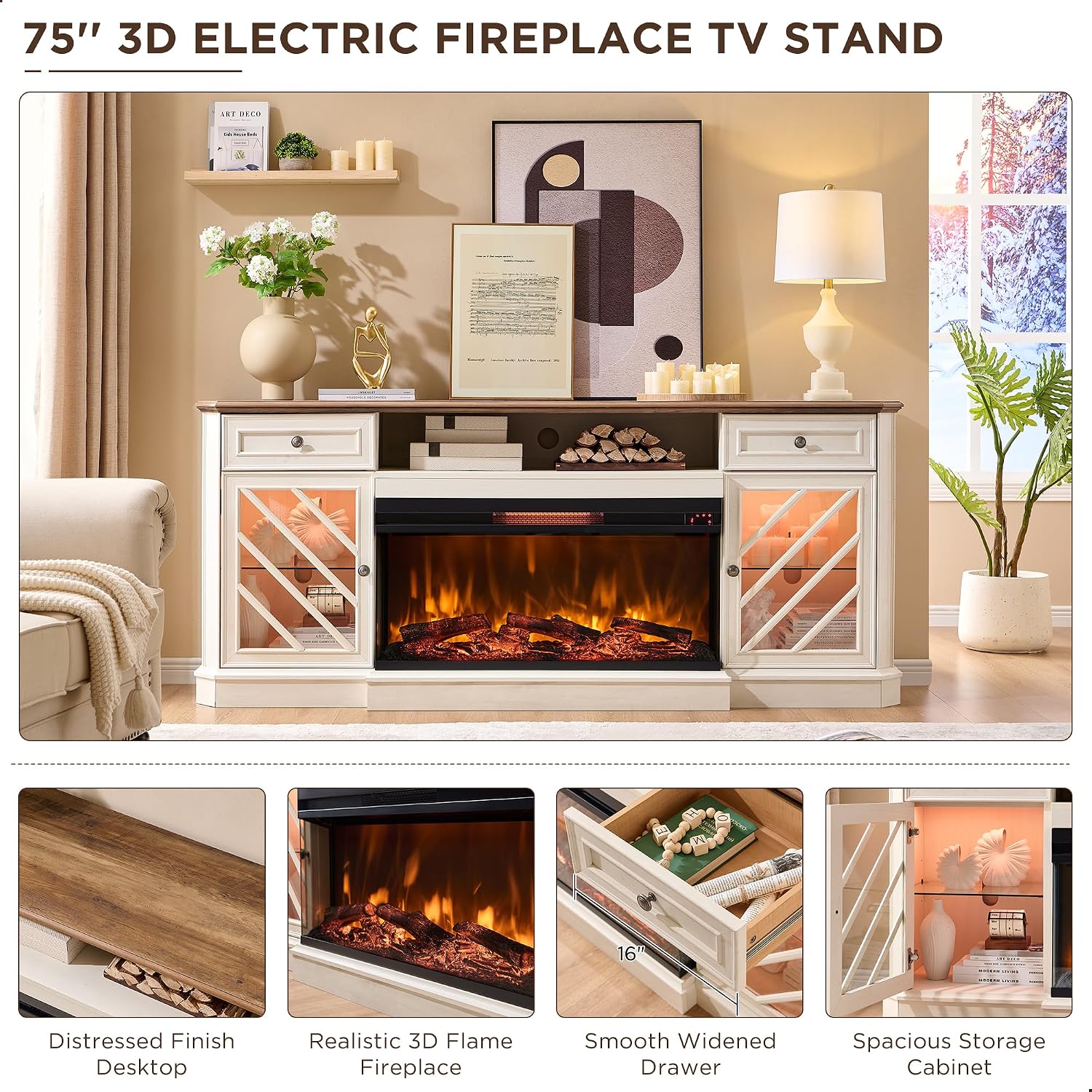 OKD 75 Inch 3-Sided Electric Fireplace TV Stand for TVs up to 85'',Modern Highboy Entertainment Center with 36" Fireplace & LED Lights,Widen Drawers and Glass Door Storage Cabinet, Antique White