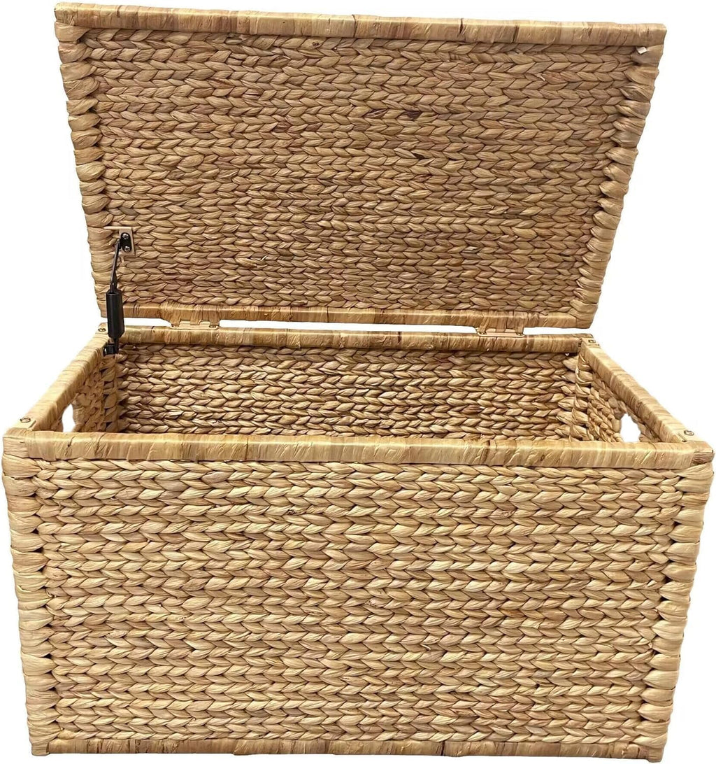 eHemco Water Hyacinth Wicker Storage Trunk, Natural, 30x17.5x17.5 Inches | Safety Hinge, Metal Frame, Decorative Blanket Chest & Storage Box, Farmhouse Woven Storage, For Living Room & Entryway