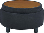 25'' Round Storage Ottoman with Reversible Tray Lid, Tufted Footrest Stool with Hidden Storage, Couch Side Table for Low Tea (Black)