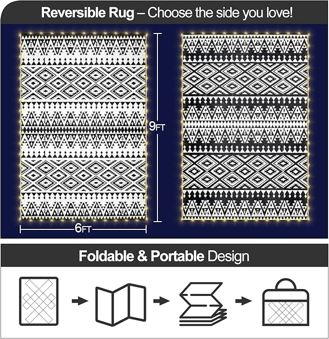 6x9ft Waterproof Outdoor Rug with LED Lights, Bohemia Reversible Plastic Straw Mat for Patio RV Camping Picnic Balcony Beach Deck Indoor Outdoor Carpet, Black&White
