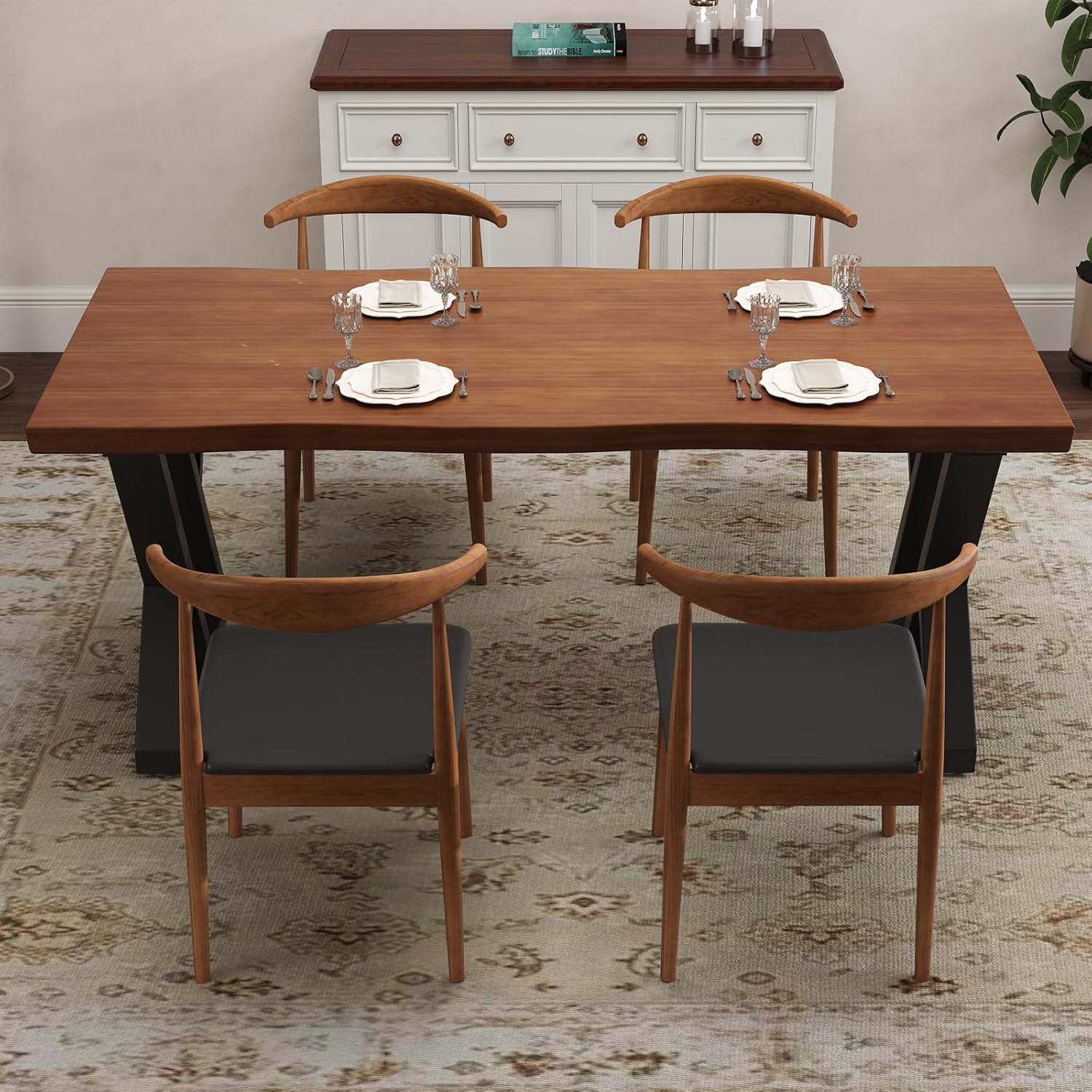 tiedingding 47" Solid Wood Dining Table, Rectangular Kitchen Table with Irregular Live Edge & Thick Tabletop, X-Shape Metal Legs, Oil Proof & Easy Clean, Rustic Brown， for 2-4 People