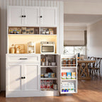 FJTJBSI 72" Kitchen Pantry Cabinet with LED Light and Charging Station Tall Pantry Storage Cabinet with Adjustable Shelves and Door Shelves Modern Kitchen Hutch with Microwave Stand and Countertop