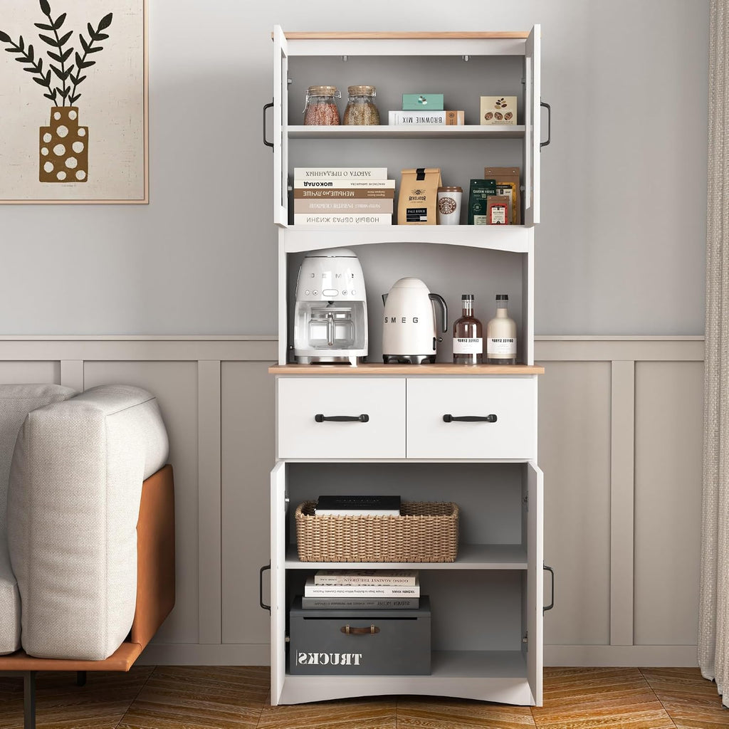 Kitchen Pantry Storage Cabinet with Framed Glass Doors and Drawer, Microwave Stand with Adjustable Shelves, Freestanding Cupboard for Kitchen, Dining Room or Apartment