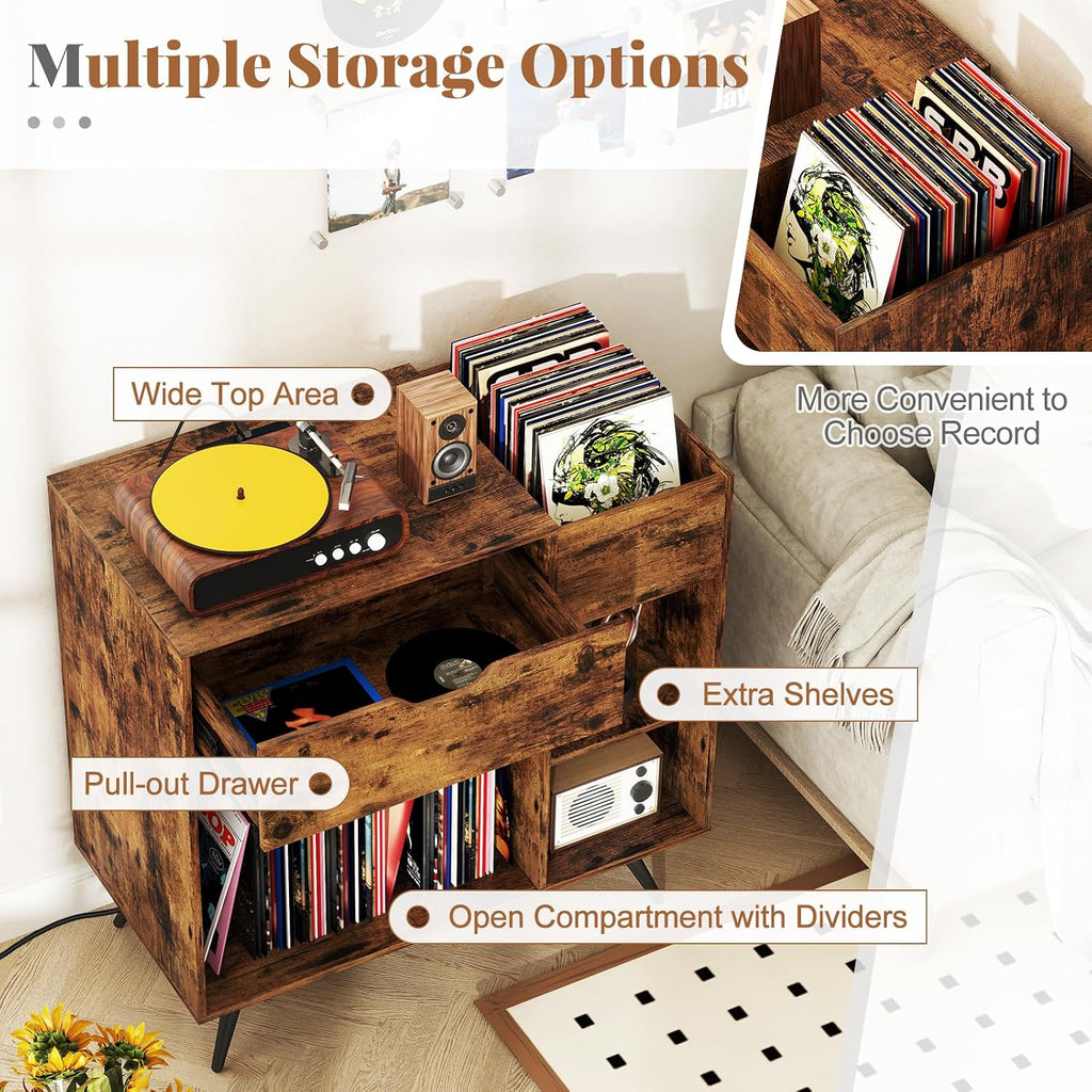 Giantex Large Record Player Stand with Charging Station, Mid Century Turntable Stand Holds Up to 300 Albums, Record Player Table w/Drawer & Display Shelf, Vinyl Record Storage for Living Room, Brown