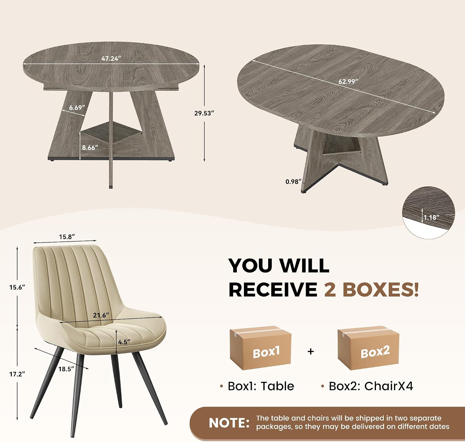 Miereirl Extendable Dining Table Set for 4-6, 47.24"-63" Round to Oval Dining Table Set with Upholstered Chairs, Hidden Storage Shelf, Kitchen & Dining Room Furniture for Apartment