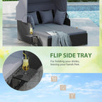 DREAMADE Outdoor Daybed with Canopy, 2 Person Rattan Sunbed with Cushions, 4 Pillows & 2 Foldable Side Trays, Patio Daybed for Backyard, Garden, Poolside, Balcony (Grey)