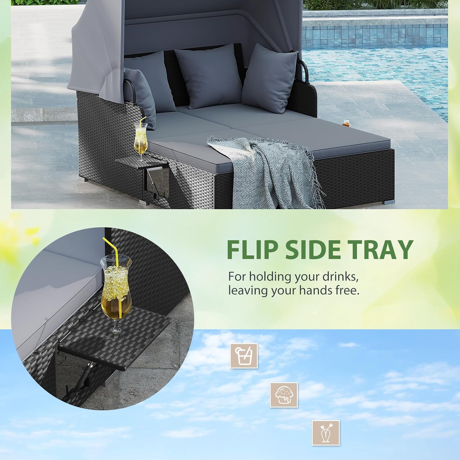DREAMADE Outdoor Daybed with Canopy, 2 Person Rattan Sunbed with Cushions, 4 Pillows & 2 Foldable Side Trays, Patio Daybed for Backyard, Garden, Poolside, Balcony (Grey)