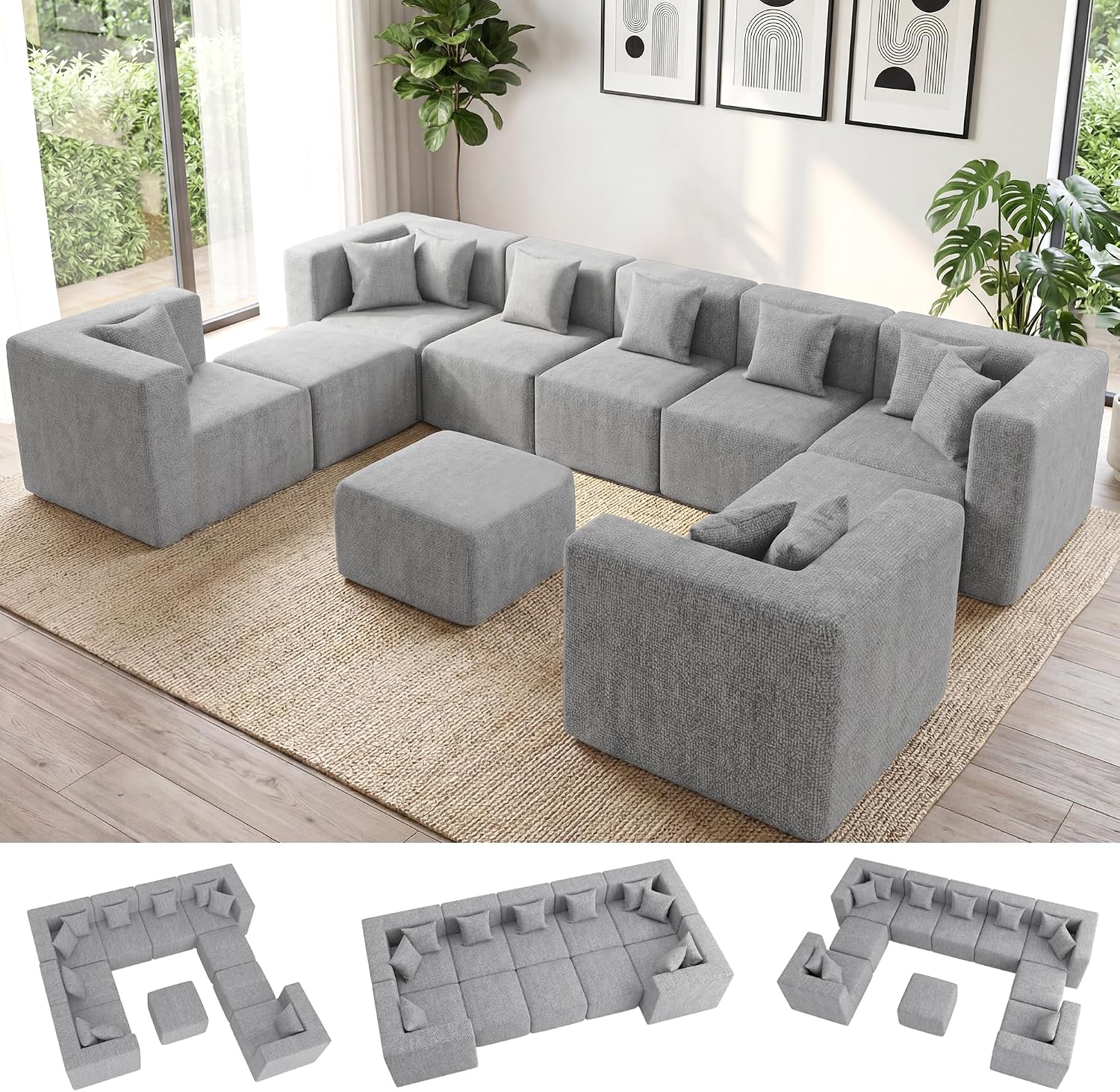 MONVANE Oversized Sectional Couch 10-Seat, Chenille, Light Gray | Sectional Couch for Living Room, Modular Cloud Sofa with Ottoman & 10 Throw Pillows, No Assembly Required