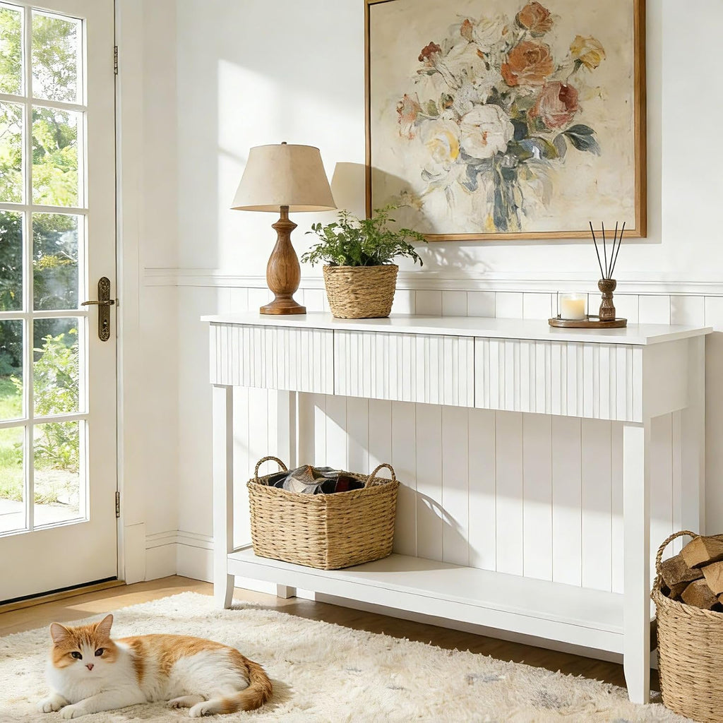 Karl home 51" White Console Table with 3 Fluted Drawers, Modern Sofa Table with Open Storage Shelf for Living Room, Foyer Hallway