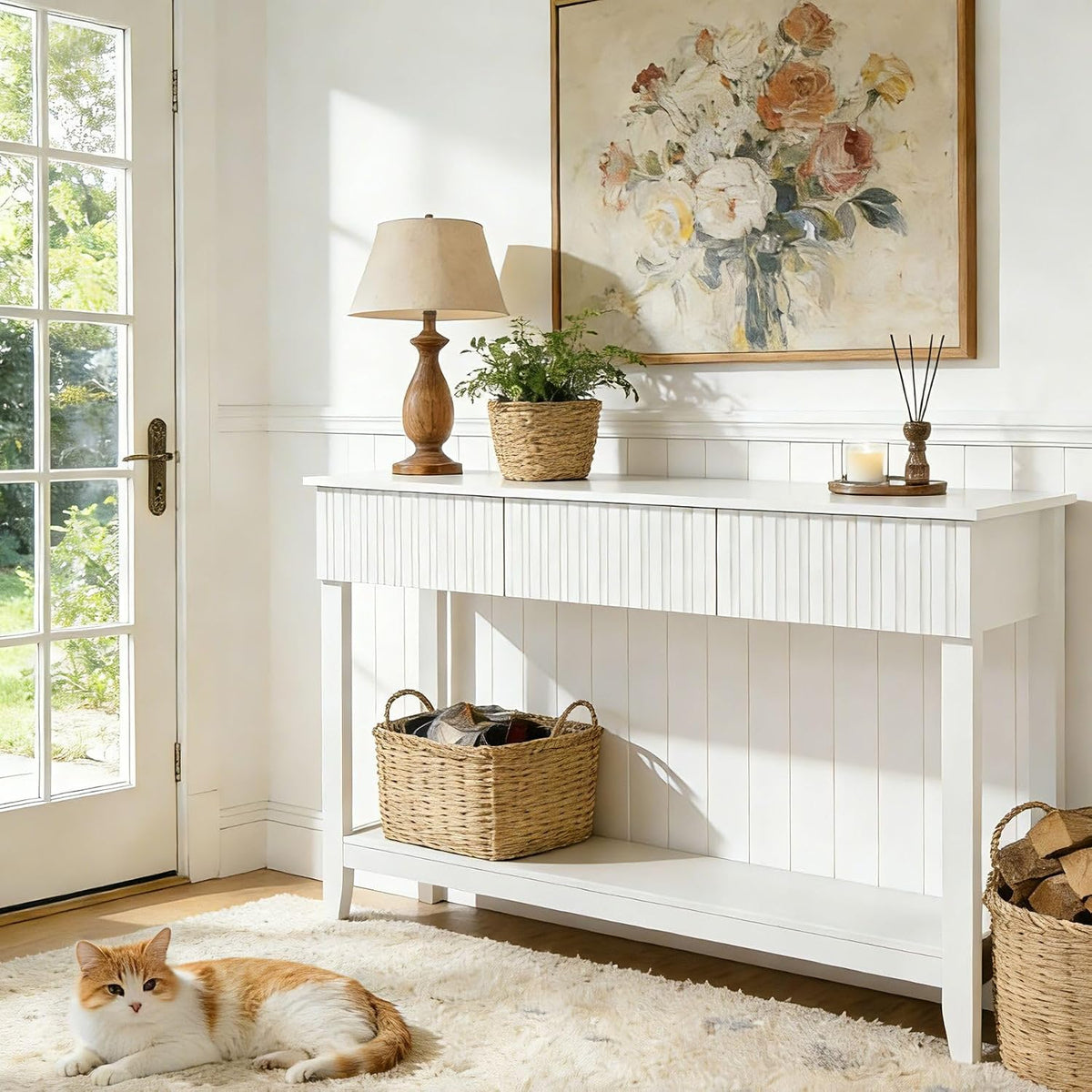 Karl home 51" White Console Table with 3 Fluted Drawers, Modern Sofa Table with Open Storage Shelf for Living Room, Foyer Hallway