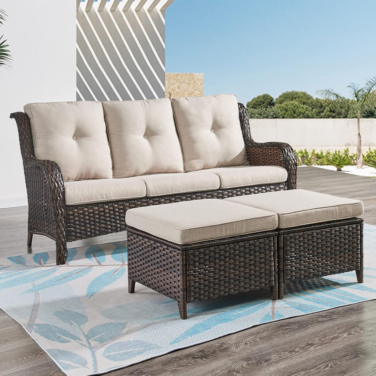 Rilyson Luxury Outdoor Wicker Patio Ottomans Set of 2, 250 lbs Capacity Rattan Large Ottomans for Patio Footrest Set 22.8in*22.8in*14in with 3.5in Thick Cushion (Brown/Beige)