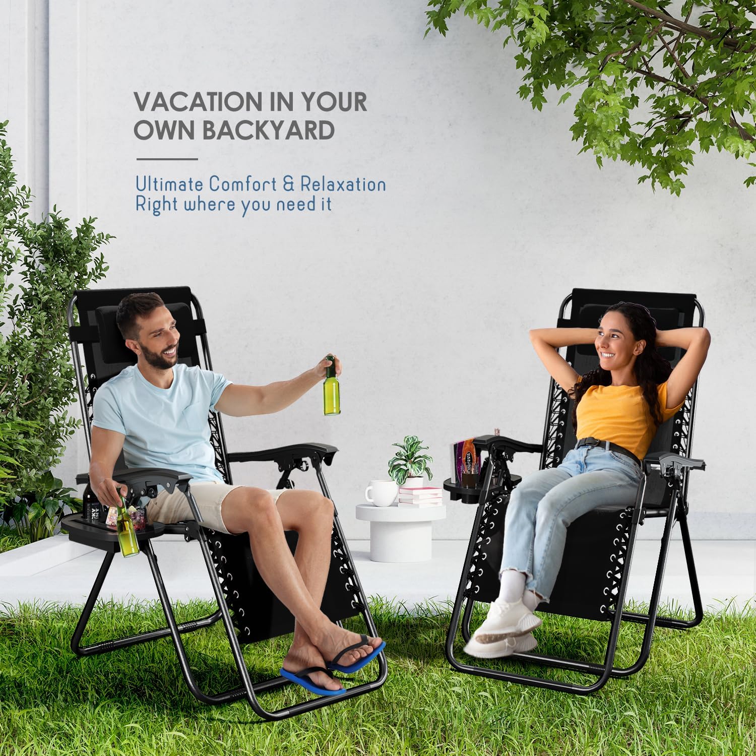Nestl Zero Gravity Chairs Set of 4, Patio Lounge Chair Outdoor with Pillows & Cup Holder Trays, Adjustable Steel Mesh Reclining Camping Chair, Folding Patio Lawn Chair for Deck, Beach, Yard - Black