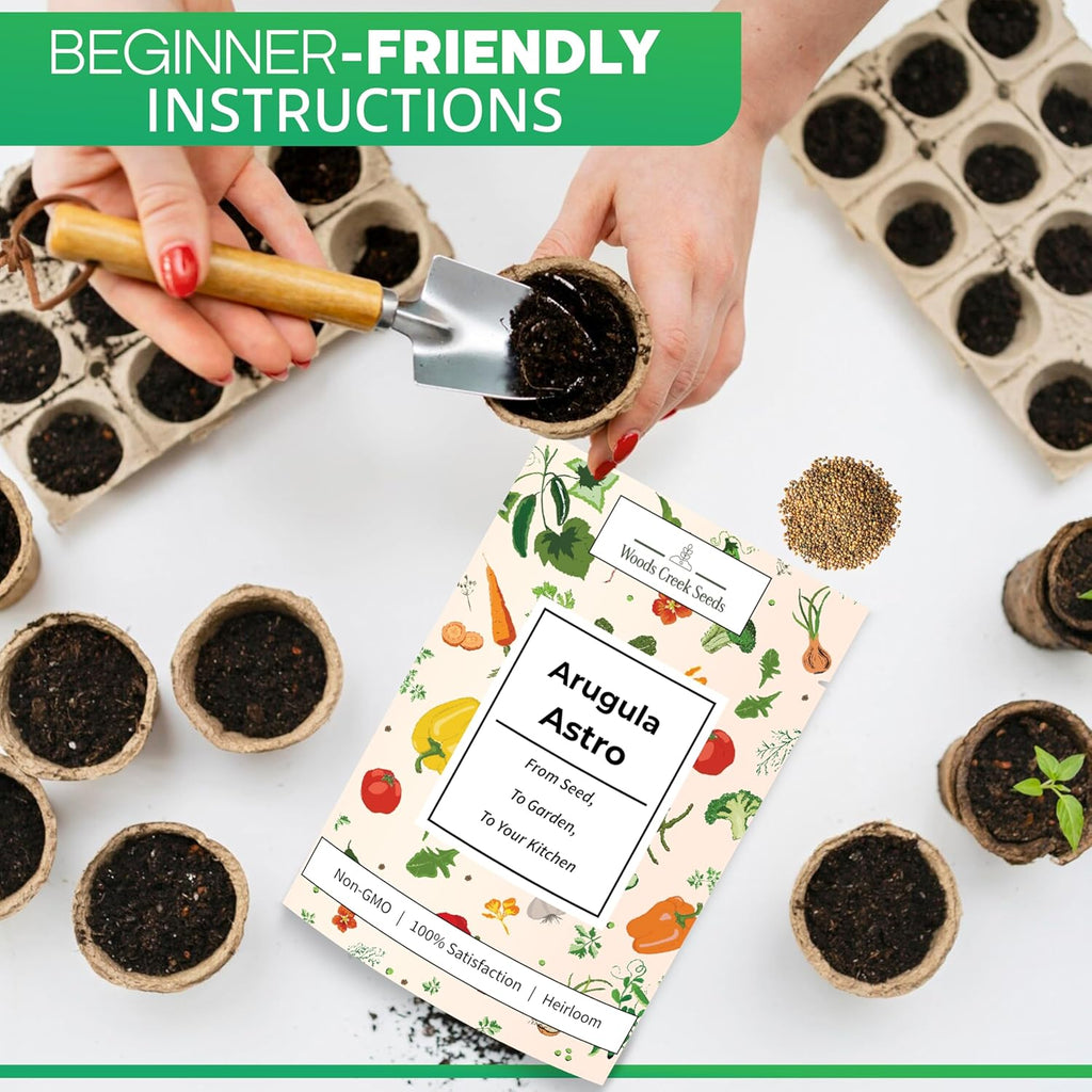 Woods Creek Seeds: Arugula Astro Seeds for Planting - Over 1,300 Heirloom, Non-GMO Arugula Seeds for Planting - Fast-Growing Astro Seed Pack for Gardening Indoors or Outdoors - Ideal for Green Salad