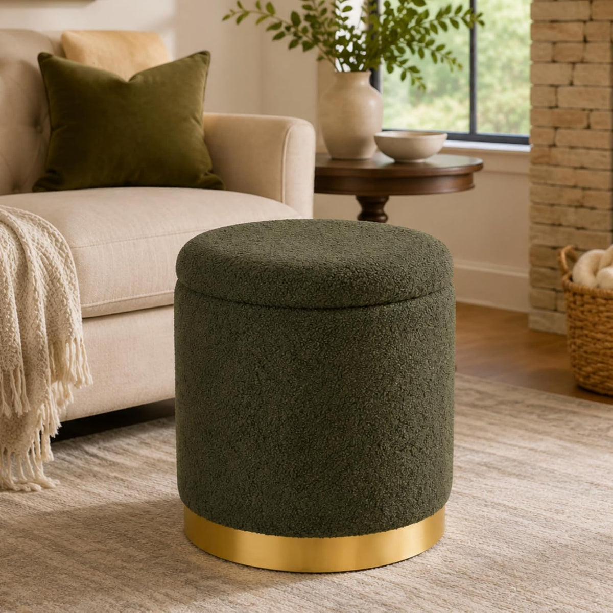 Joveco Boucle Round Ottoman with Storage,Vanity Stool with Storage for Bedroom, Ottoman Coffee Table,Small Boucle Foot Stool for Living Room, Dark Moss Green with Gold Plating