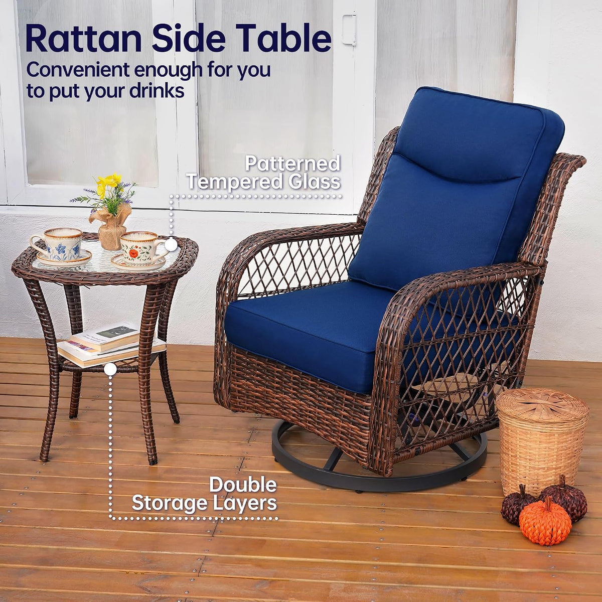 PIZZELLO Outdoor Swivel Rocker Chairs 5 Pieces Wicker Swivel Patio Chair w/Ottomans, Side Table, 5" Extra Thick Cushions and 25" Full Support Back, Patio Furniture Set for Outside Backyard