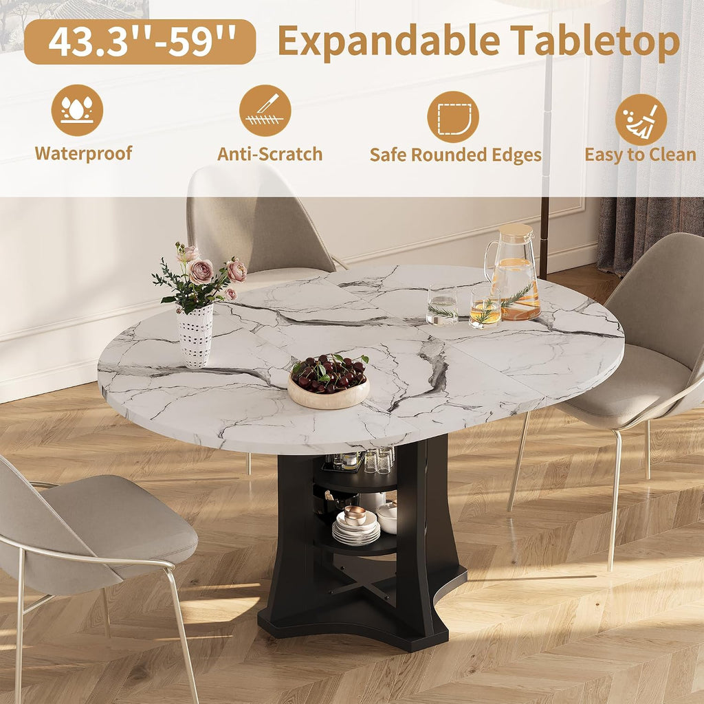 Extendable Dining Table 43"-59" for 4-6, White Faux Marble Round Kitchen Dining Room Table with 2 Tier Storage Shelves, Expandable Round to Oval Dinner Table with Storage for Kitchen Living Room