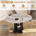 Extendable Dining Table 43"-59" for 4-6, White Faux Marble Round Kitchen Dining Room Table with 2 Tier Storage Shelves, Expandable Round to Oval Dinner Table with Storage for Kitchen Living Room