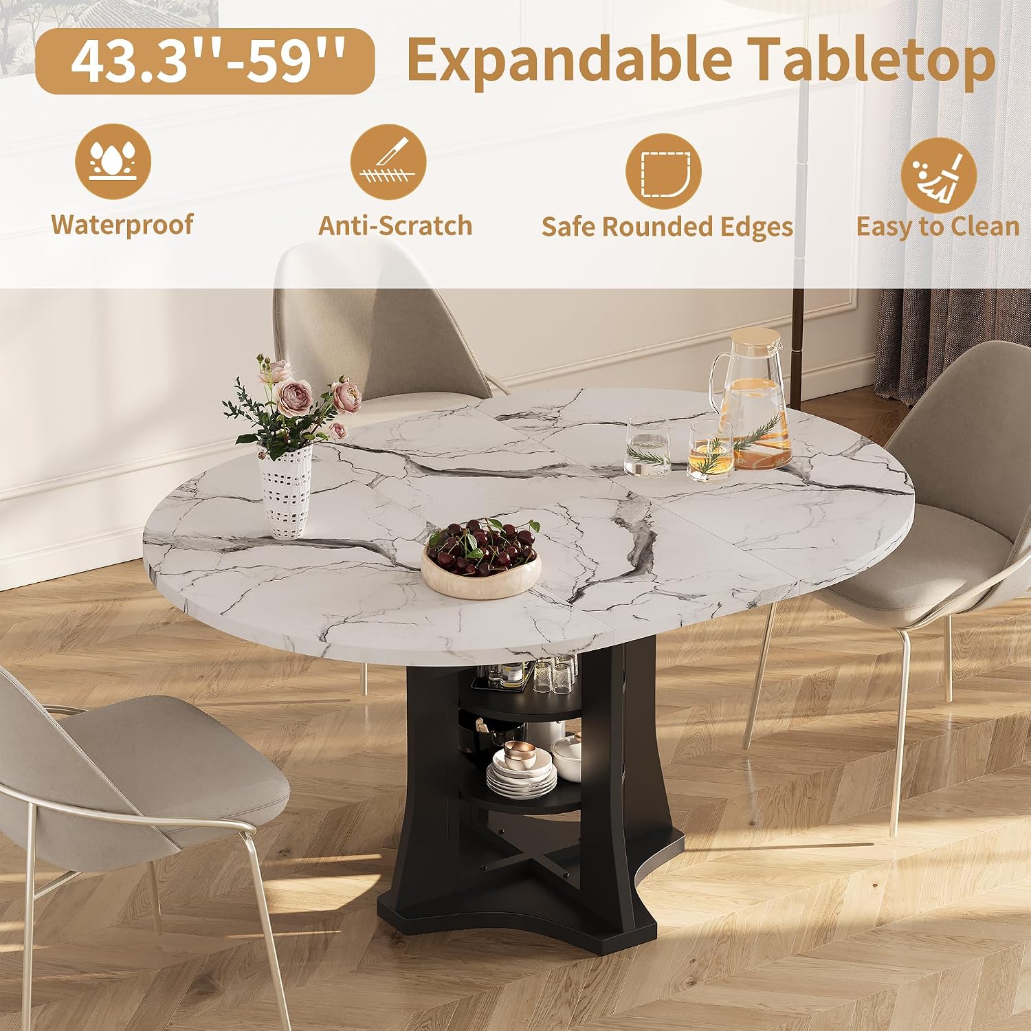 Extendable Dining Table 43"-59" for 4-6, White Faux Marble Round Kitchen Dining Room Table with 2 Tier Storage Shelves, Expandable Round to Oval Dinner Table with Storage for Kitchen Living Room