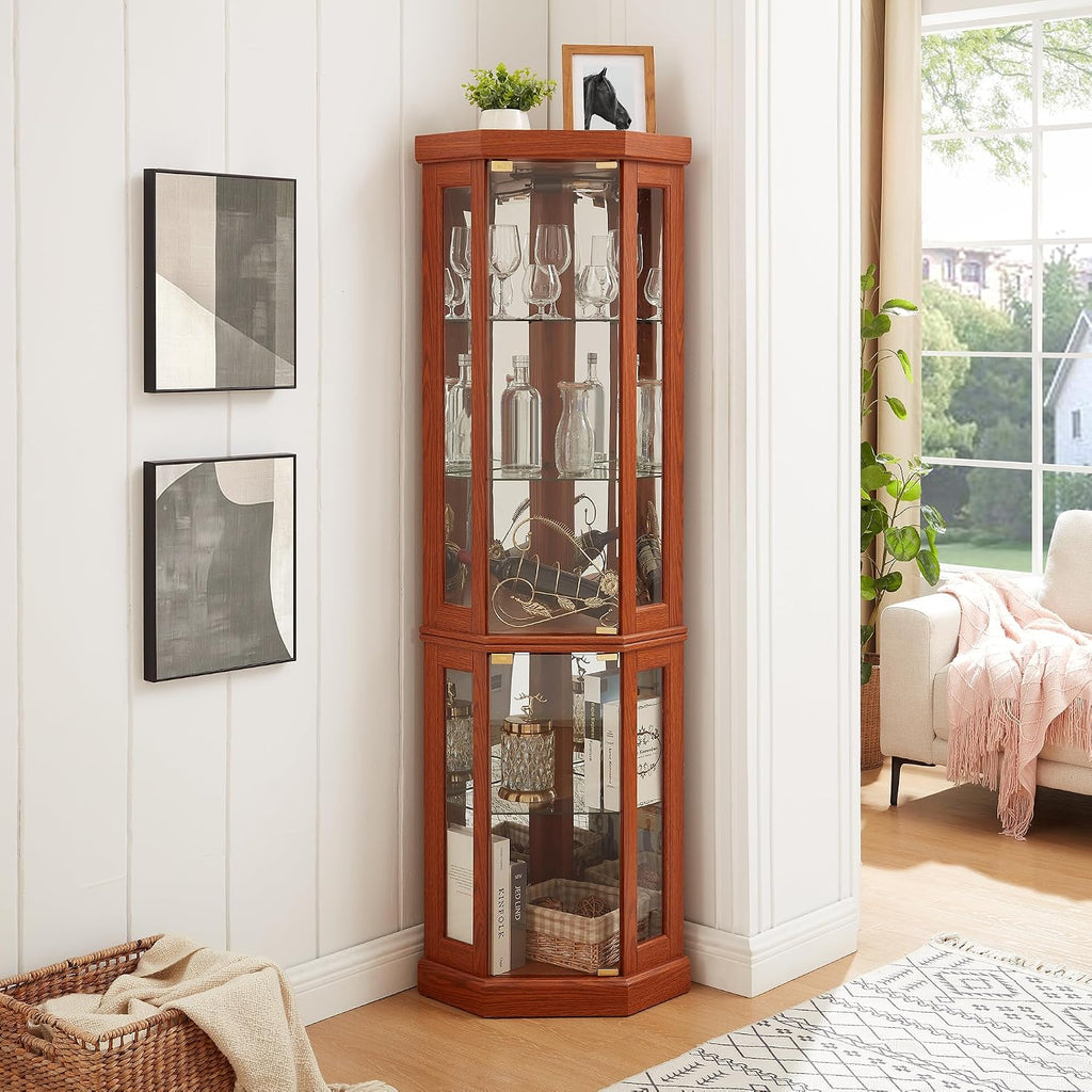 Tall Corner Cabinet with Glass Doors, Lighted Glass Display Curio Cabinet with Adjustable Shelves, Home Office Floor Standing Display Cabinets for Bar, Liquor Storage and Medal, Dark Oak