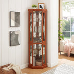Tall Corner Cabinet with Glass Doors, Lighted Glass Display Curio Cabinet with Adjustable Shelves, Home Office Floor Standing Display Cabinets for Bar, Liquor Storage and Medal, Dark Oak